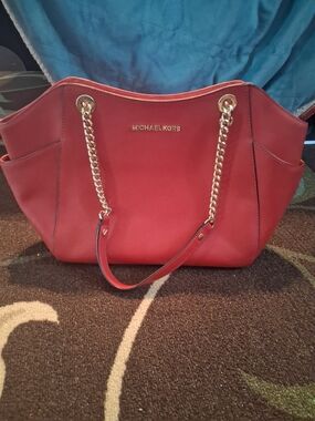 Michael Kors Red Saffiano Tote with Gold Chain Straps